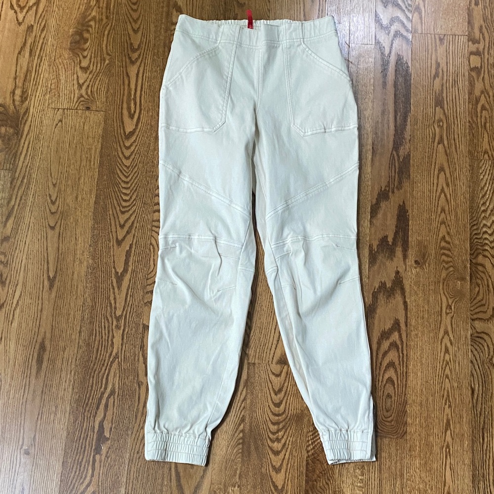 Spanx stretch twill moto jogger large cream parchment neutral high rise minimal